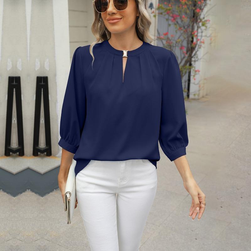 Maglia a maniche lunghe in chiffon con scollo a V e foro per serratura, primavera estate, per donna