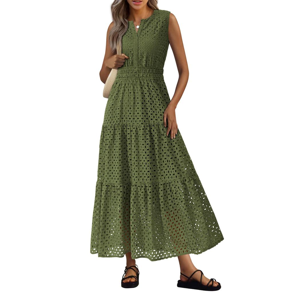 Women's Fashionable Color V Neck Sleeveless Vest Dress A-line Beach Dress