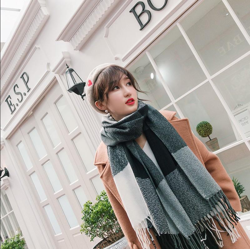 Kockovaný zimný šál pre ženy – strapcový šál v kórejskom štýle z imitácie kašmíru