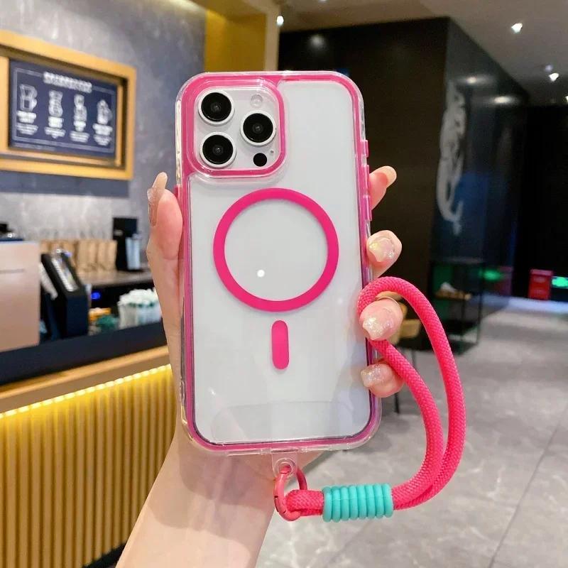 

Airbag Shell Magnetic Short Hanging Rope Transparent Magsafe Case for IPhone 16 15 14 13 12 11 Pro Max Plus Shockproof HardCover For iPhone 16 Pro