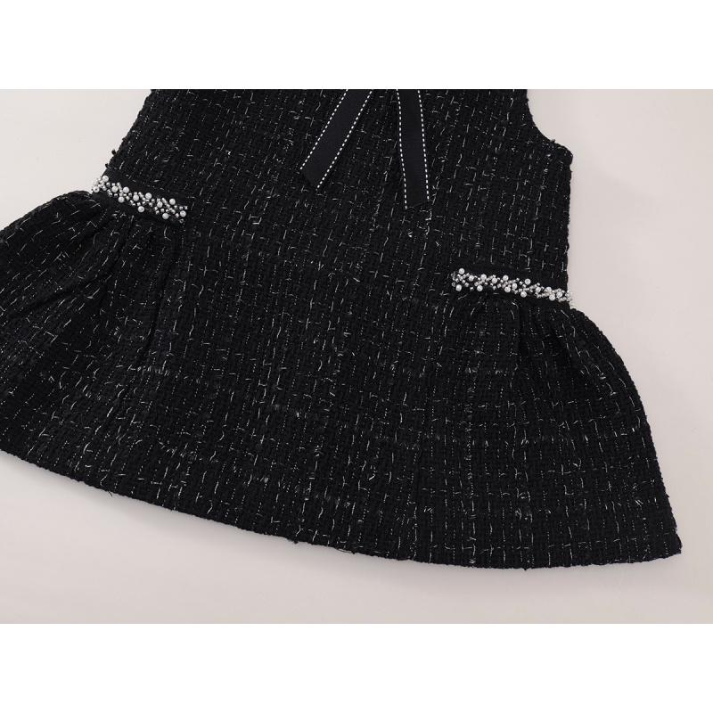 Mädchen Kleidung Ärmellose Weste Kleid Frühling Neu Kinder Leichter Luxus Schwarzer Strass Schwarzes Kleid