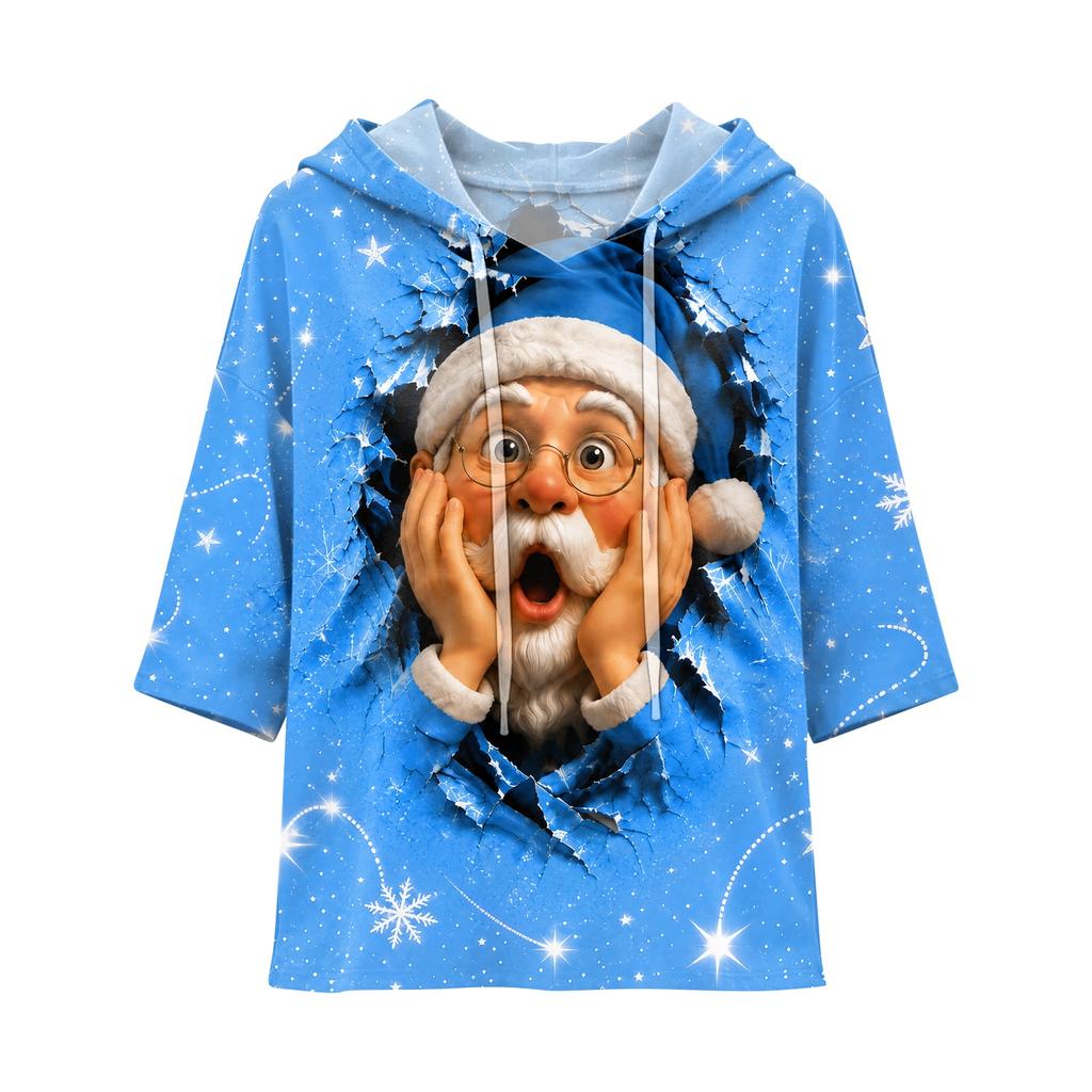 Women's Casual 3/4 Sleeve Hooded T-Shirt with Christmas Print