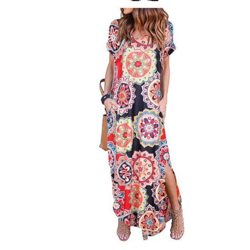 JPNTKY Fashion Summer Spring Solid Color Print Short Sleeve V-Neck Casual Dresses
