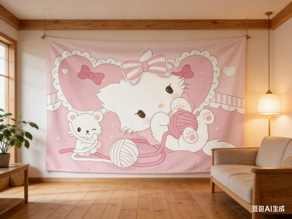 Cute Cartoon Cat Mouse Knitting Tapestry Pink Kawaii Wall Hanging for Girls Bedroom Dorm Nursery Decor