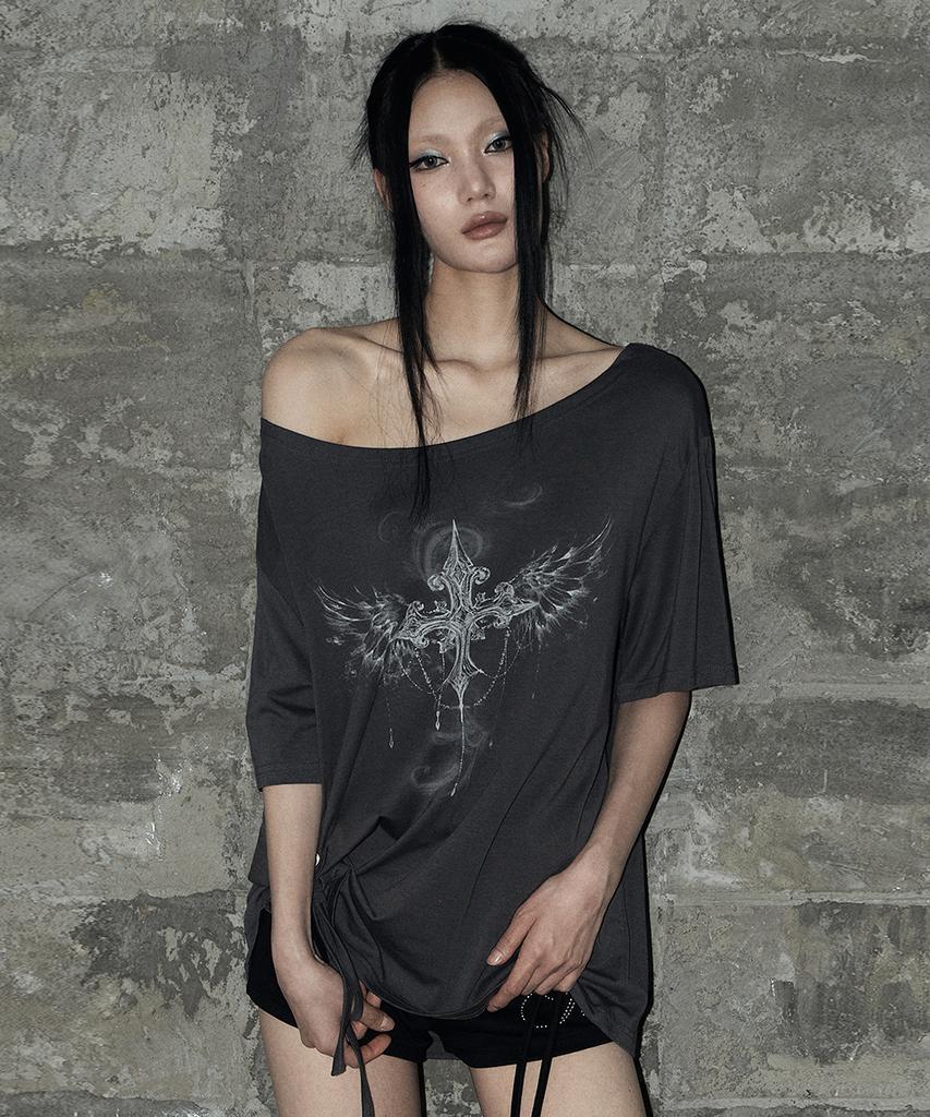 Aejeuyua Kitsch Eyelet Oversized T-Shirt Charcoal