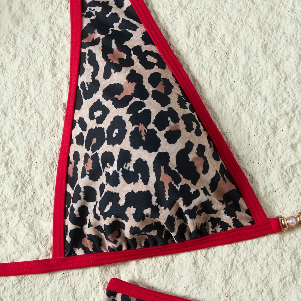 Hot-selling Swimsuit Women's Leopard Print Contrasting Bikini Neck Strap High Waist Gathering Split Swimsuit Vacation Swimsuit
