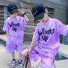 Children's Boys' Clothing Gradient Color Children's T-shirt and Shorts 2-piece Set, Youth Graffiti Sportswear Hip-hop Style Letter Set