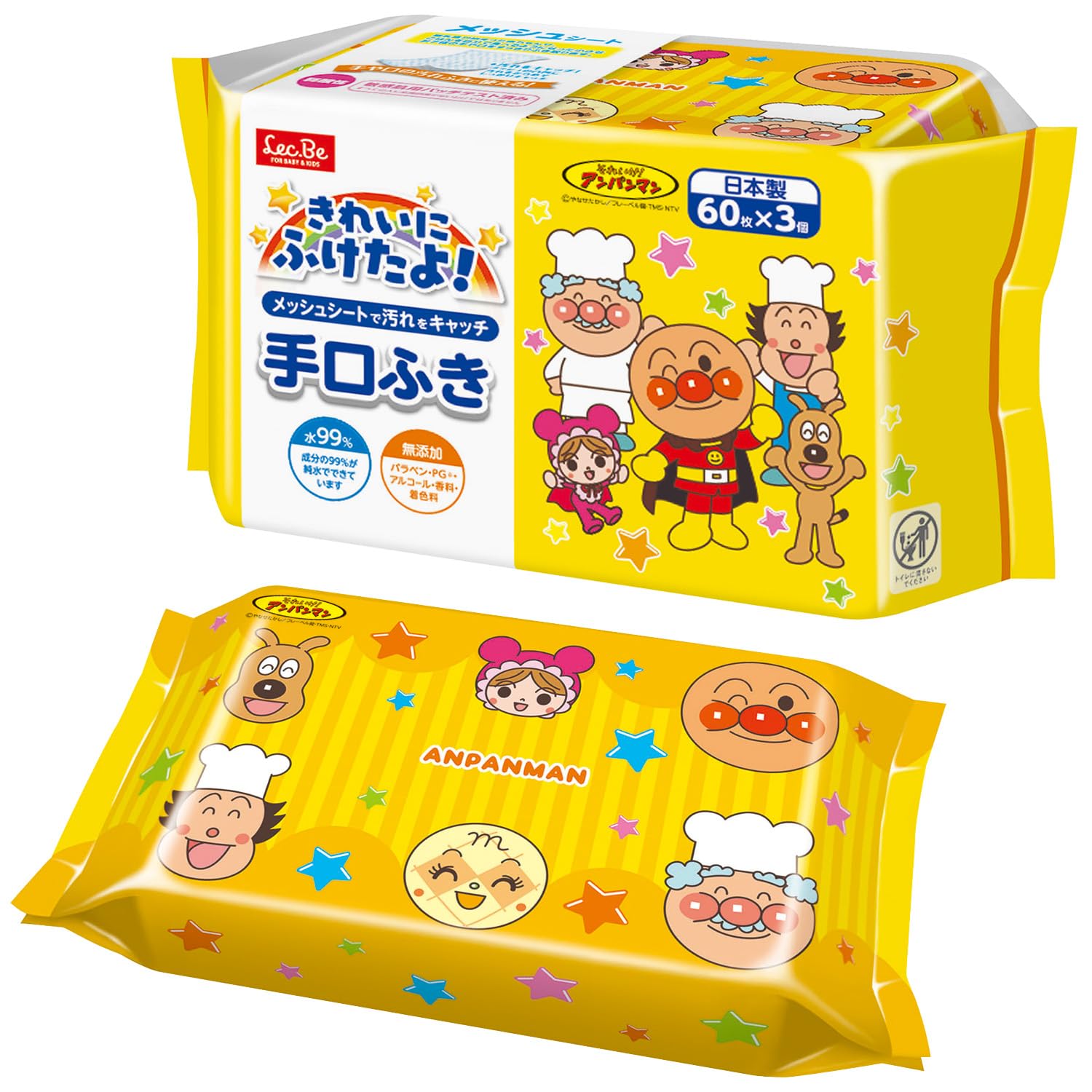 

LEC Anpanman Pure Water Hand and Mouth Mesh Sheets sheets x 3 Made in 99% Wipes, (60 packs), Japan/Hypoallergenic