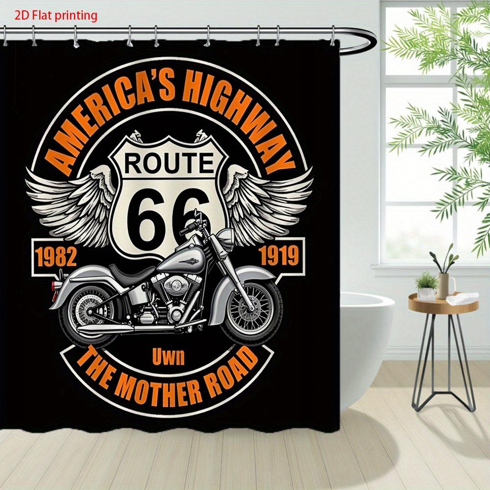 Route 66 Motorcycle Shower Curtain Retro American Highway Design With Chrome Bike And Wings Shower Curtain With Hook