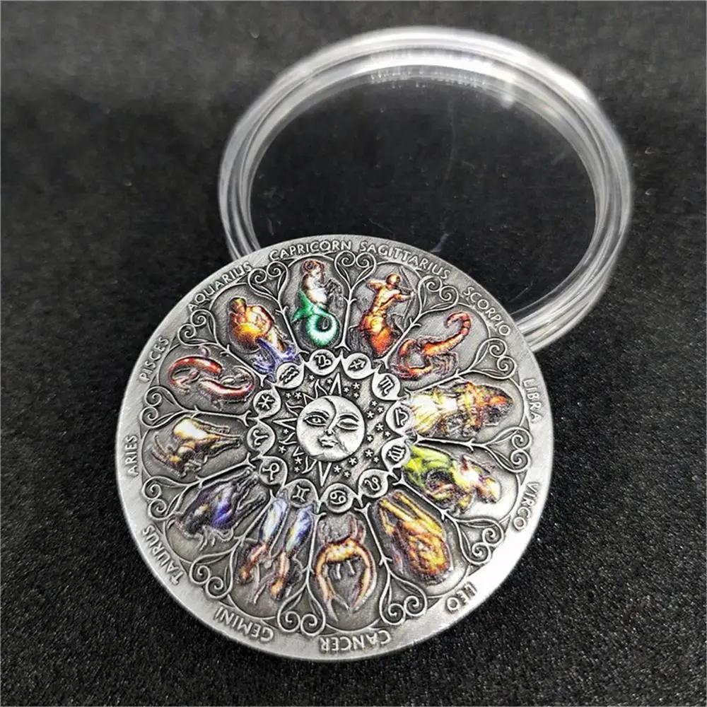 Twelve Constellations Silver Challenge Coin Tuvalu High Relief Antique Silver Coin Colorful Souvenir Coins Collectible Gift Coin