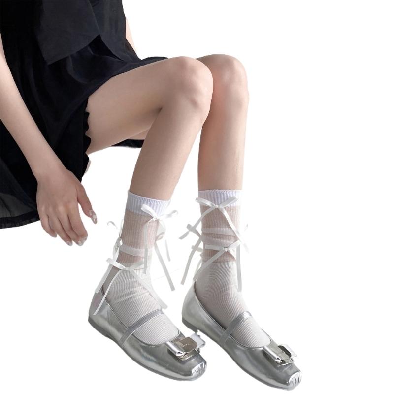 Japanischer Stil Schimmerndes Netz Spleißende Gerippte Über die Wade Socken für Damen Mädchen Niedliche Schleife Schleifenknoten Lange Strümpfe