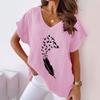 Women's Large Size Summer Casual V-neck Bat Short-sleeved Cotton Hemp Swallow Print T-shirt