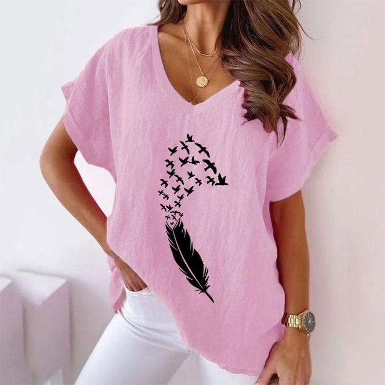 Women's Large Size Summer Casual V-neck Bat Short-sleeved Cotton Hemp Swallow Print T-shirt
