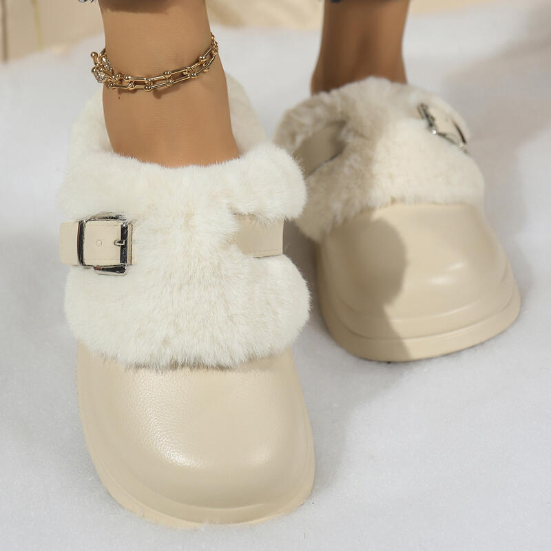 Mode Metalen Gesp Furry Muiltjes Pantoffels Dames 2025 Winter Eva Pluizig Bont Binnenpantoffels Comfort Dikke Zool Antislip Huis Slides