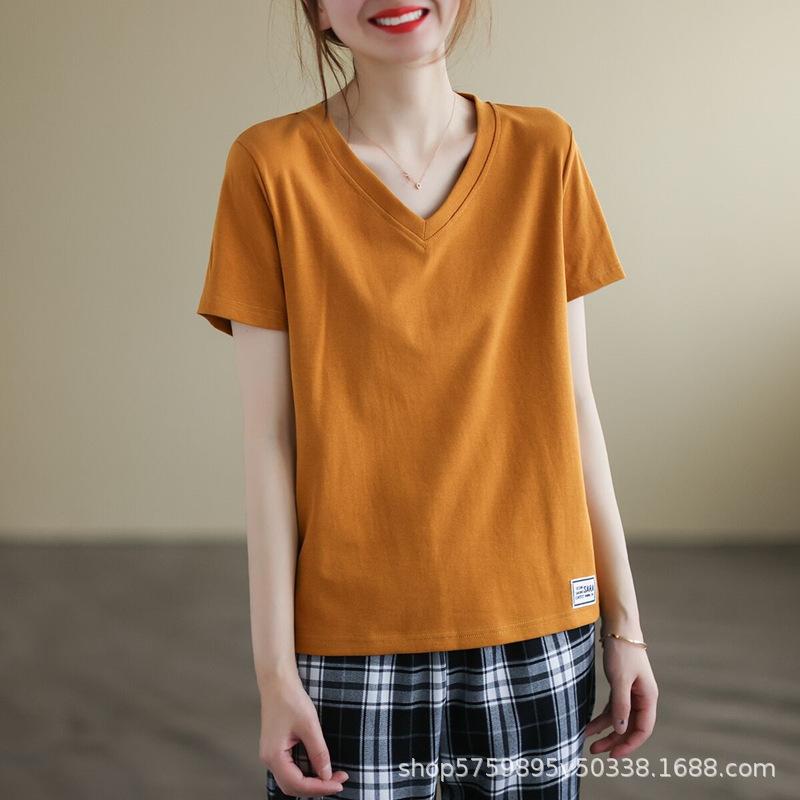 Silk Cotton White Short Sleeved Shoulder T-shirt for Women's Spring/summer V-round Neck Basic Top