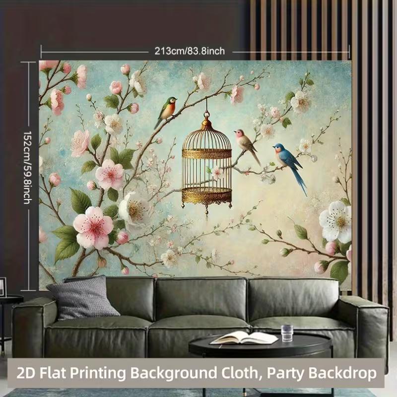 Bird and Blossom Tapestry, Vintage Birdcage Background Cloth, Home Decor