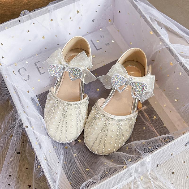 New Girls Princess Sandals Summer Luxury Rhinestone Bowtie Children's Dress Shoes Fashion Kids Wedding Party Flat Sandals Soft