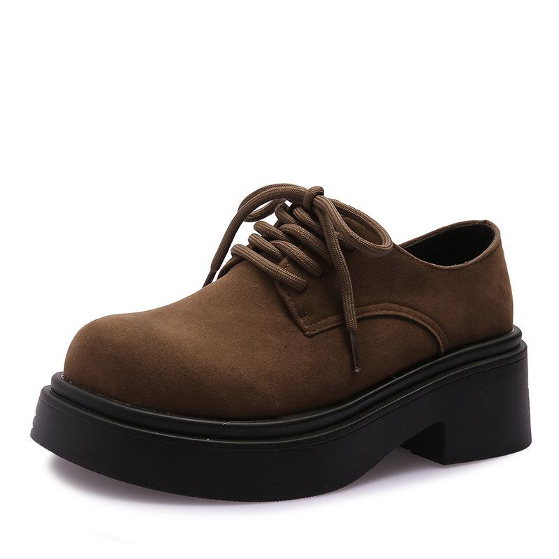 

Женские туфли из кожи в британском стиле, осенние туфли 2024 года с круглым носком, на шнуровке, на платформе, с большим носком, в стиле ретро, универсальные лоферы на толстом каблуке 35 коричневый