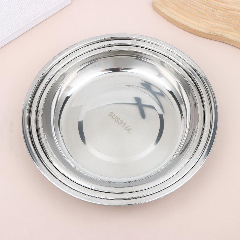 2Pcs Reusable Stainless Steel Dinner Plates Thickened Polished Round Shallow Dishes for Picnic Barbecue Use