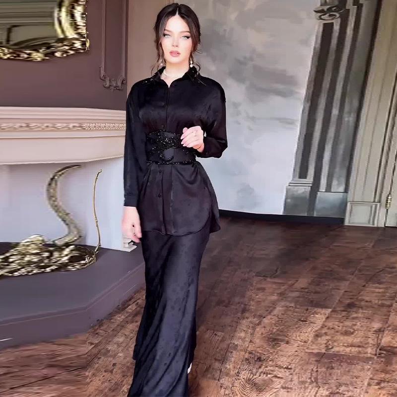 2024 Autumn Women's Solid Color Elegant Slim Fit Waist-Tied Long Dress Set