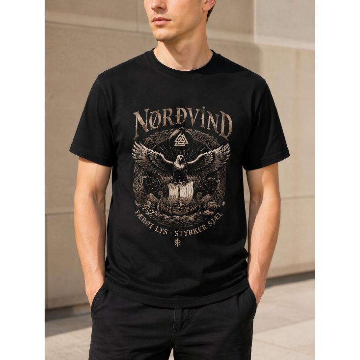 Men's Nordic Mythology Graphic Tee Short Sleeve Crew Neck Soft Cotton Blend Vintage Eagle Viking Ship Print Casual Daily Wear