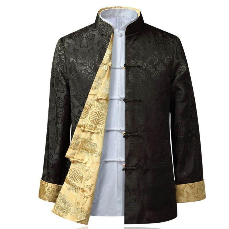 Traditional Chinese Tang Clothing Outer Jacket For Men With Doublesided Wear And Pocket Decor Perfect For Autumn