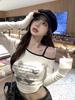 American Spicy Girl Butterfly Print One-Shoulder Slim Fit Long Sleeve Top