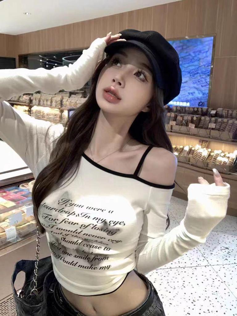 American Spicy Girl Butterfly Print One-Shoulder Slim Fit Long Sleeve Top