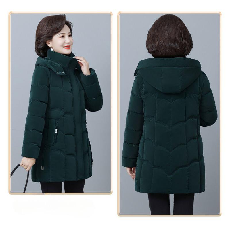 Luxusní zimní vatovaná bunda pro ženy středního věku, nemačkavá, lesklý teplý kabát, slim střih