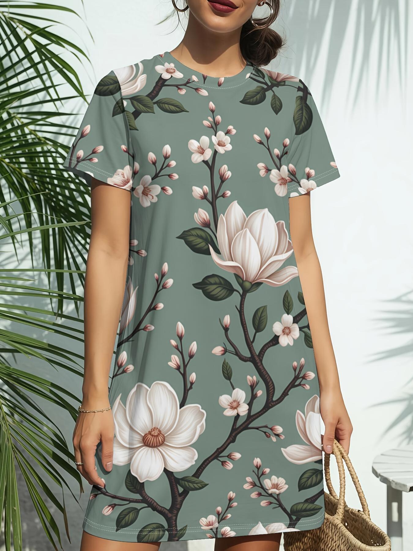 

The New Women S Round Neck T-Shirt Dress from Sage Floral Features Short Sleeves And Embodies American Fashion Trends with Digital Prints. Perfect for L дубильная кора