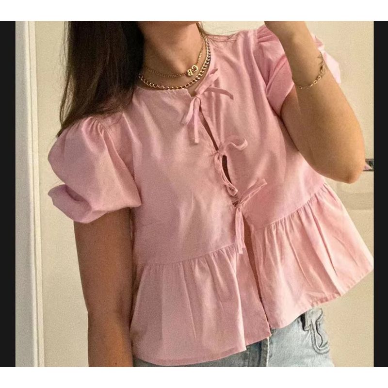 

European and American New Women clothes Puff sleeve Top Sexy Leopard Print Lace-up Shirts Cardigan Tie up Shirt Pink L