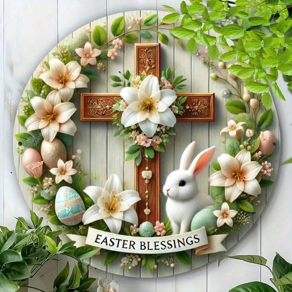 1pc 20cm Easter Bunny Metal Wall Art Vintage Floral Round Sign Rustic Home Decor