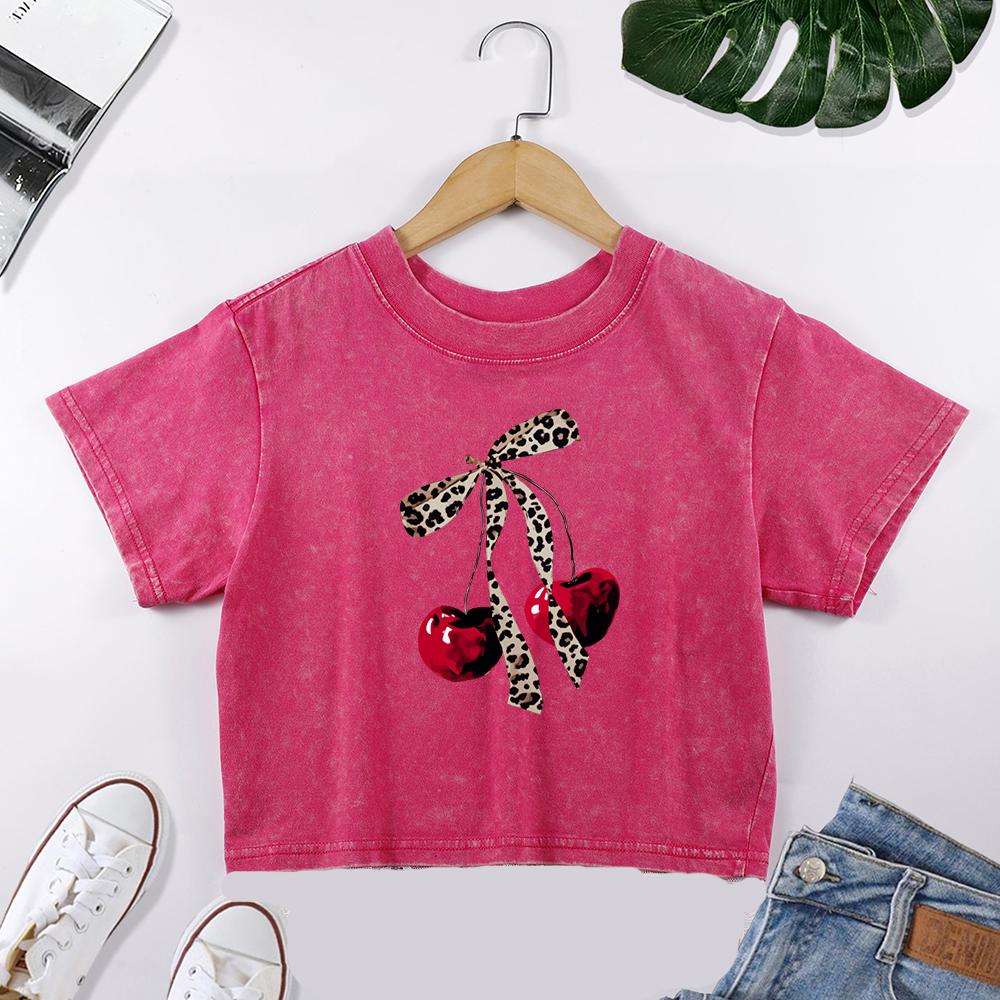 

Женская футболка с леопардовым принтом, бантом и принтом вишни, кружевная, выстиранная, летняя, повседневная, Y2K, с коротким рукавом, хлопковая, приталенная XL