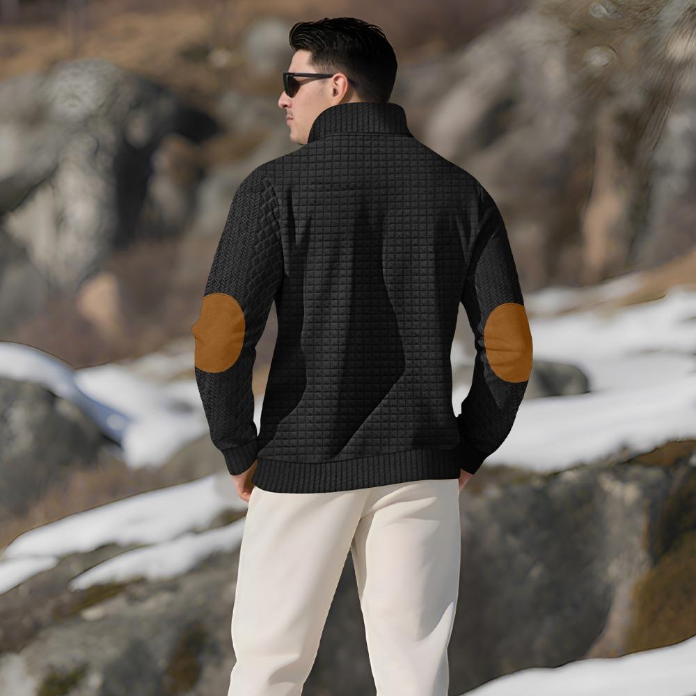 Autumn and Winter Men's New Square Grid Men's Stand Up Collar Single Breasted Casual Long Sleeved Sweatshirt