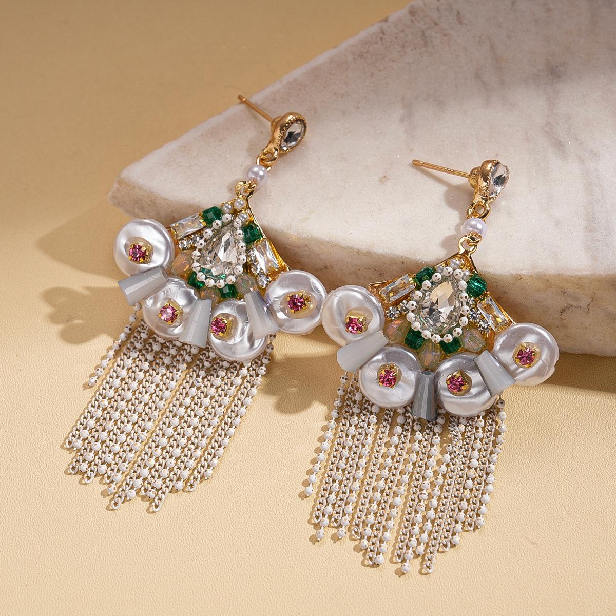 Diamond-set imitation pearl glass fan-shaped water drop tassel silver needle earrings ethnic style niche earrings