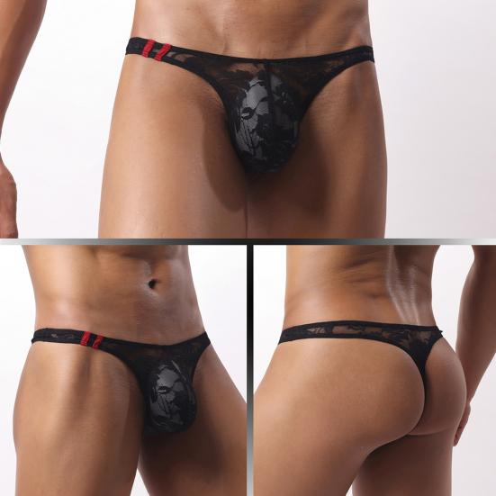 Yousheng Men Thong Low Waist See-through Embroidery Lace Flower Pattern Briefs Breathable Soft Stretch Slim Fit Underwear Honeymoon Valentine Wear