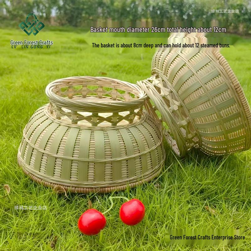Large Bamboo Rattan High-Foot Steamed Bun & Snack Basket - Finely Woven, Multi-Purpose Household Kitchen Fruit & Vegetable Wash Basket, Round Design