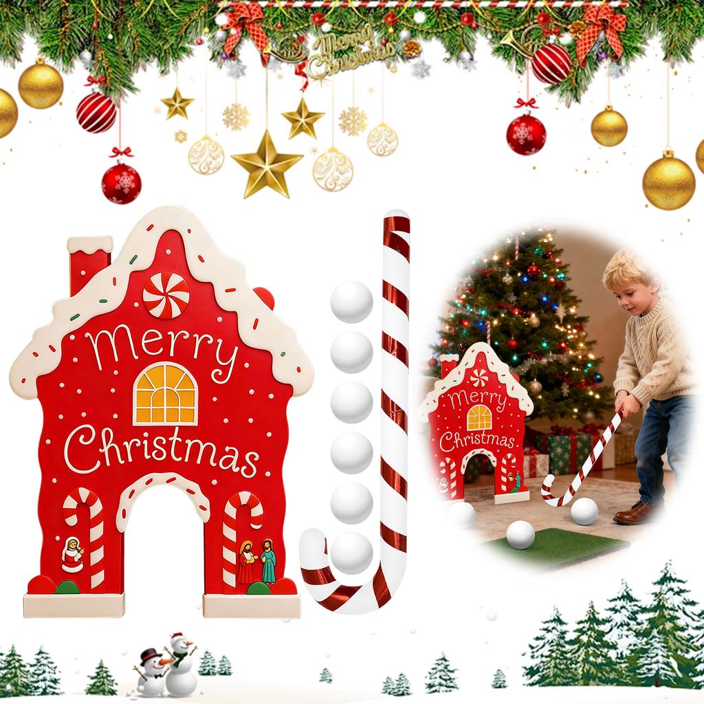 Christmas Gingerbread Golf Game Set W/ Candy Cane Club & 6 Balls Xmas Golf Gingerbread House Kit for Family Holiday Party Decor