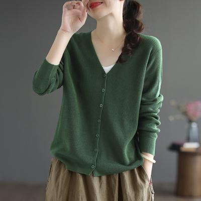 Loose Fashion Foreign Style Retro Long-sleeved Cardigan Women's Literary V-neck Solid Color Cotton Thread Knitted Jacket Women's Autumn and Winter