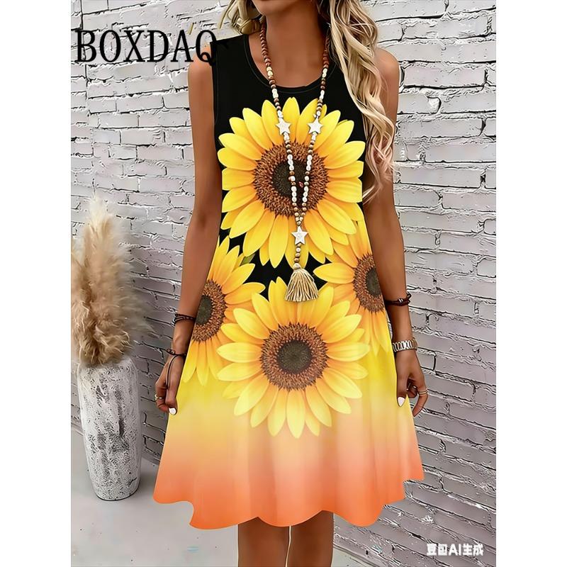 Women's Sleeveless A Line Dress Pink Floral 3D Print Dresses Summer Woman Clothing Sundress Casual Plus Size Ladies Beach Dress