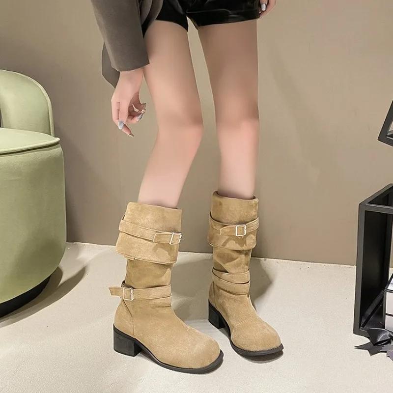 Fashion Womens Winter Fashion Round Toe Simple Solid Square Heel 2024 New Womens Boots Outdoor One Step Office Womens Formal Boots