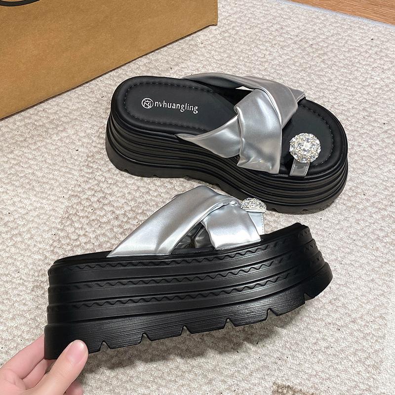 Fashion Women High Platform Slippers New 2025 Summer Beach Flip-Flops Ladies 8.5CM Wedge Heels Flock Shoes Woman Outside Chunky Sandals