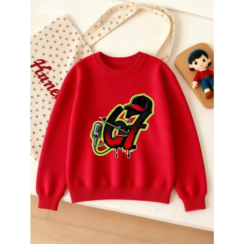 Kids Unisex Crewneck Sweatshirt, Hip Hop Graffiti Microphone Cap Dripping 67 Number Print Pullover, Soft Sweatshirt for Boys Girls Over 4 Years Old