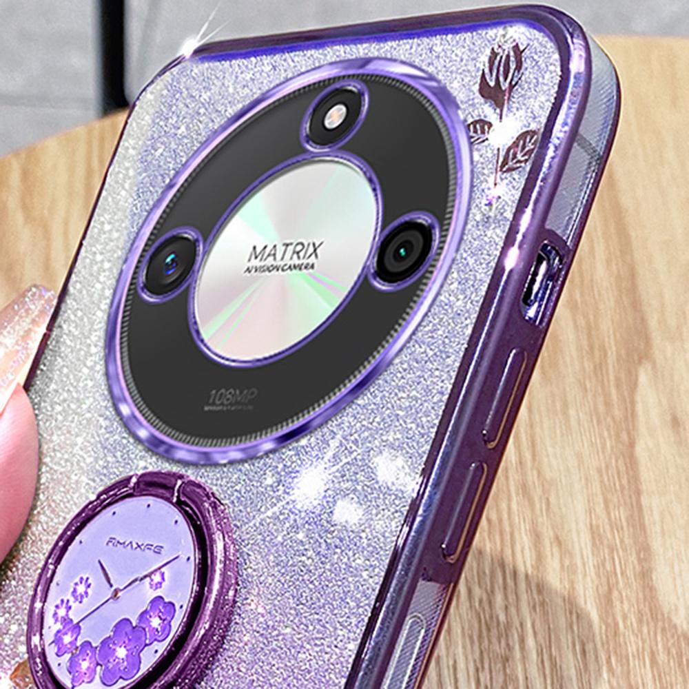 For Honor X60 5G Case Ring Kickstand TPU Flowers Phone Cover Gradient Glitter