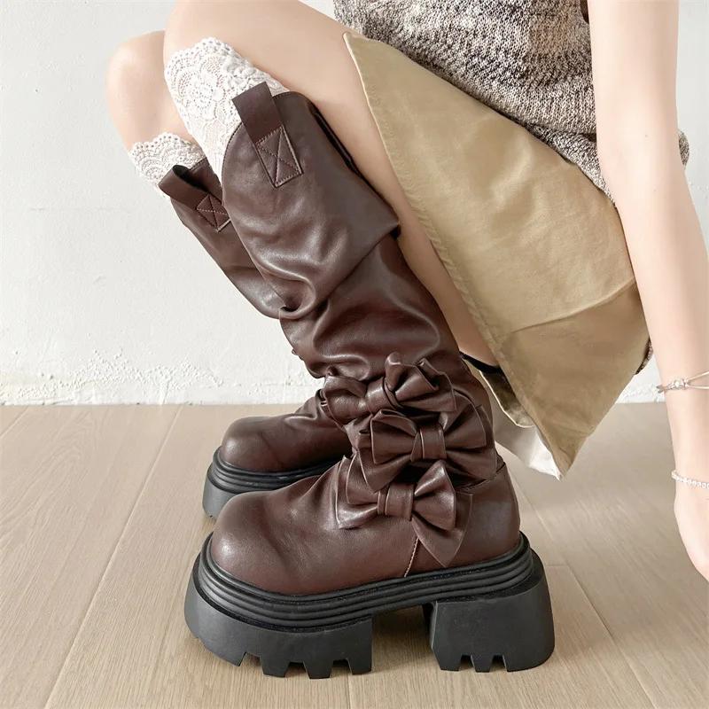 Vintage Height Increase Women Knee High Boots Fashion Butterfly-knot Ladies Thick Heel Long Knight Booties Autumn Winter