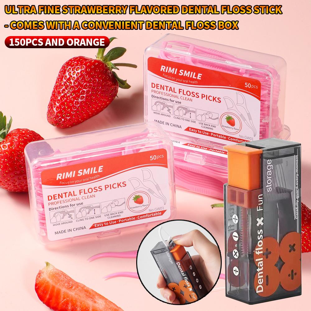 RIMI SMILE 50/150PCS Strawberry Flavor Ultra Fine Dental Floss Picks Disposable Teeth Cleaning Floss Sticks with Portable Floss