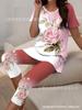 Gradual change/flower printing casual suit, round neck short sleeves + cropped pants for home and out