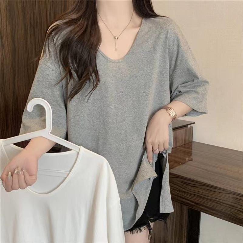 Cotton Short Sleeve Casual Loose T-shirt for Women Summer Fashion Solid Round Neck Plus Size T Shirt Woman Elegant Slim Simple Female Tee Tops 26294