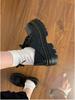 Women's Black Leather Lace-Up Round Toe Loafers - Thick Sole, Height Increasing, British Style (2025 Spring/Autumn/Winter)