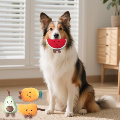 Plush Fruit Dog Toy Bite Resistant Squeaky Chew Avocado Mango Watermelon Pineapple Plushie Boredom Stress Relief Dog Teething Interactive Toy